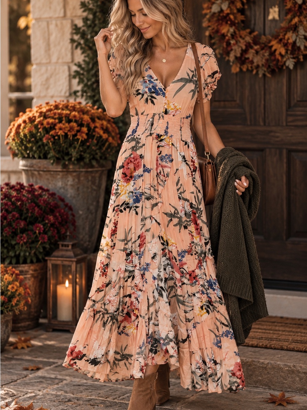 Jaase Peach Floral V-Neck Smocked Waist Maxi Dress